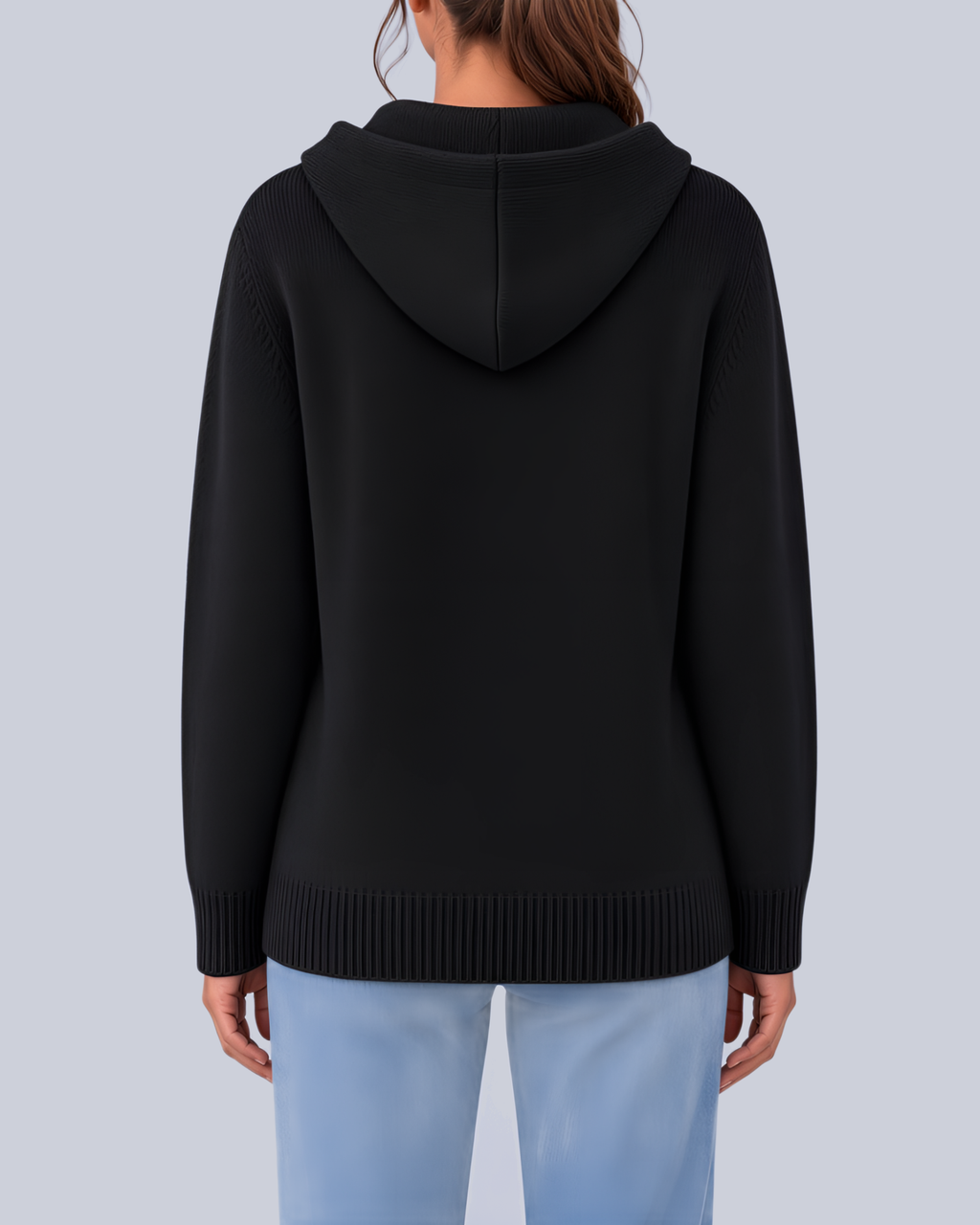 Women's Knitted Hooded Cardigan with Buttons and Side Pockets in Black – Back View