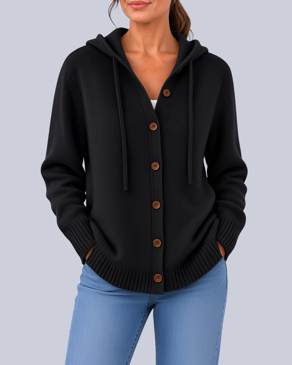 Women's Knitted Hooded Cardigan with Buttons and Side Pockets in Black – Front View