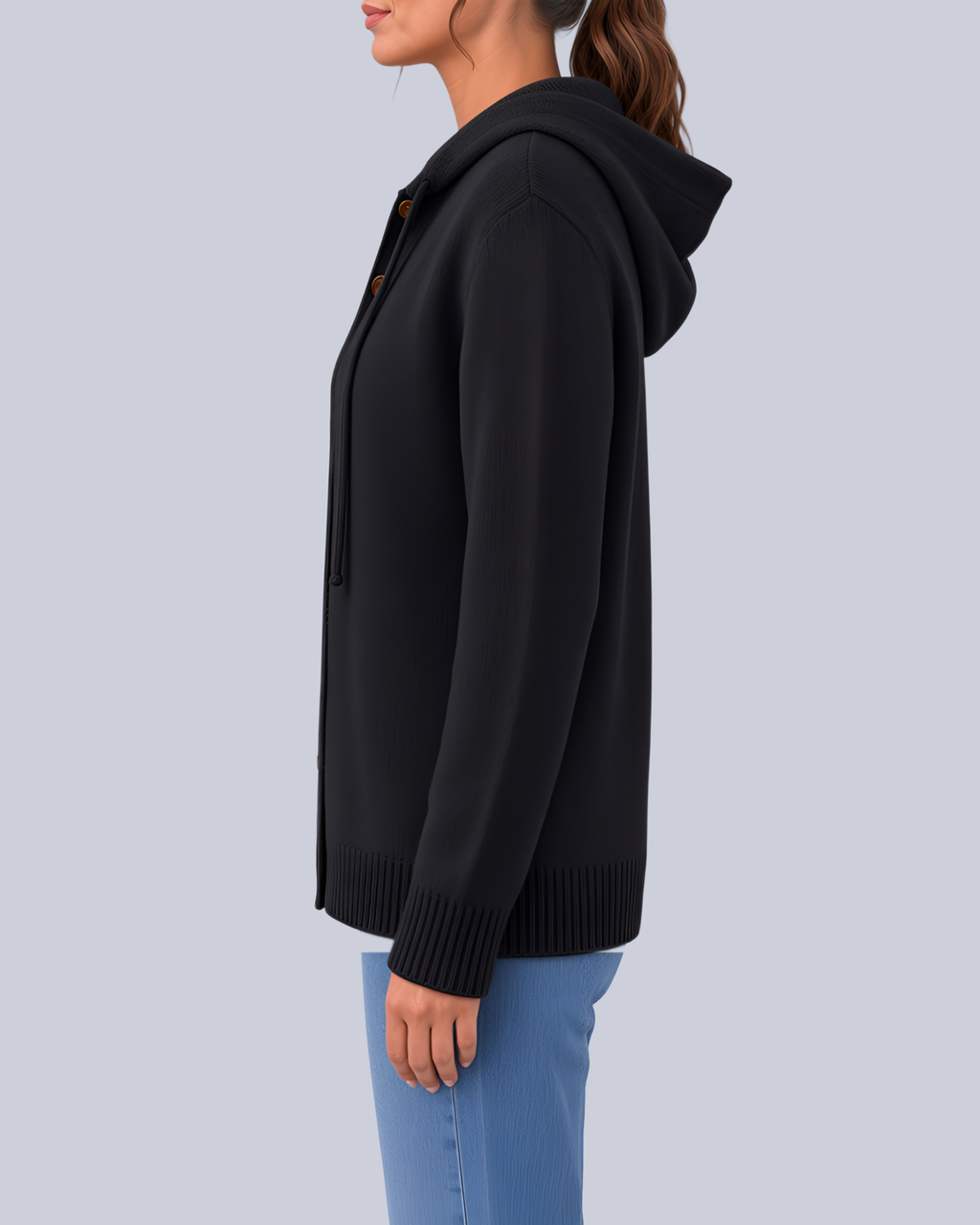 Women's Knitted Hooded Cardigan with Buttons and Side Pockets in Black – Side View