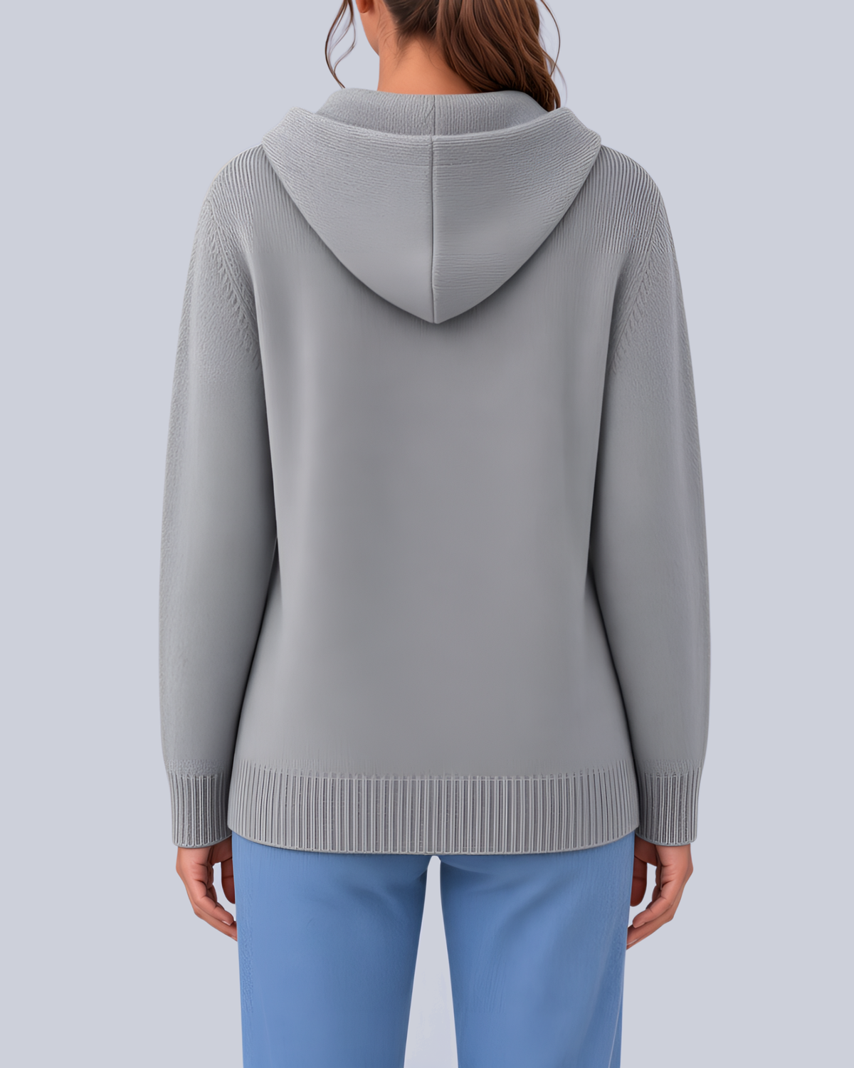 Women's Knitted Hooded Cardigan with Buttons and Side Pockets in Grey – Back View