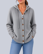 Women's Knitted Hooded Cardigan with Buttons and Side Pockets in Grey – Front View