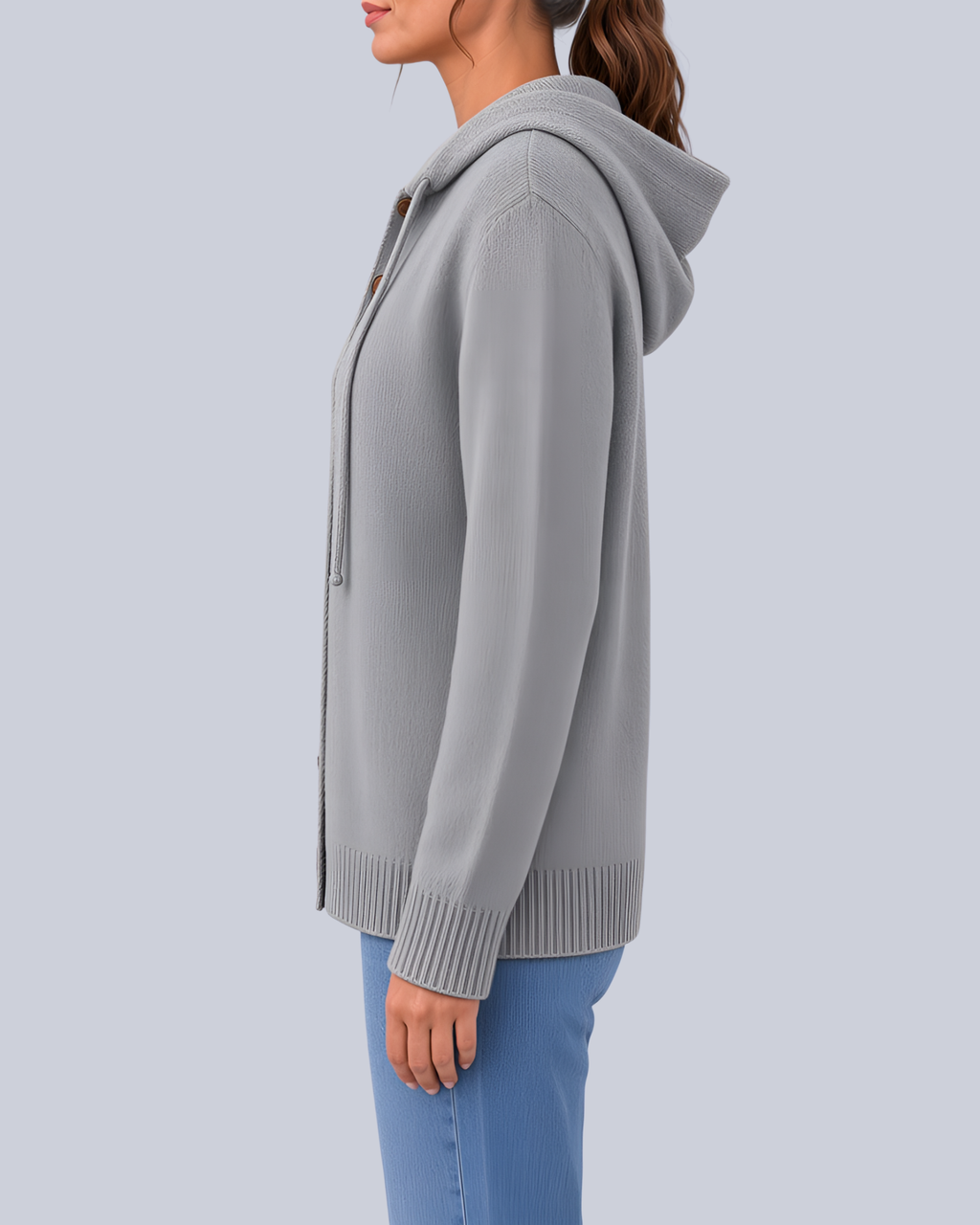 Women's Knitted Hooded Cardigan with Buttons and Side Pockets in Grey – Side View