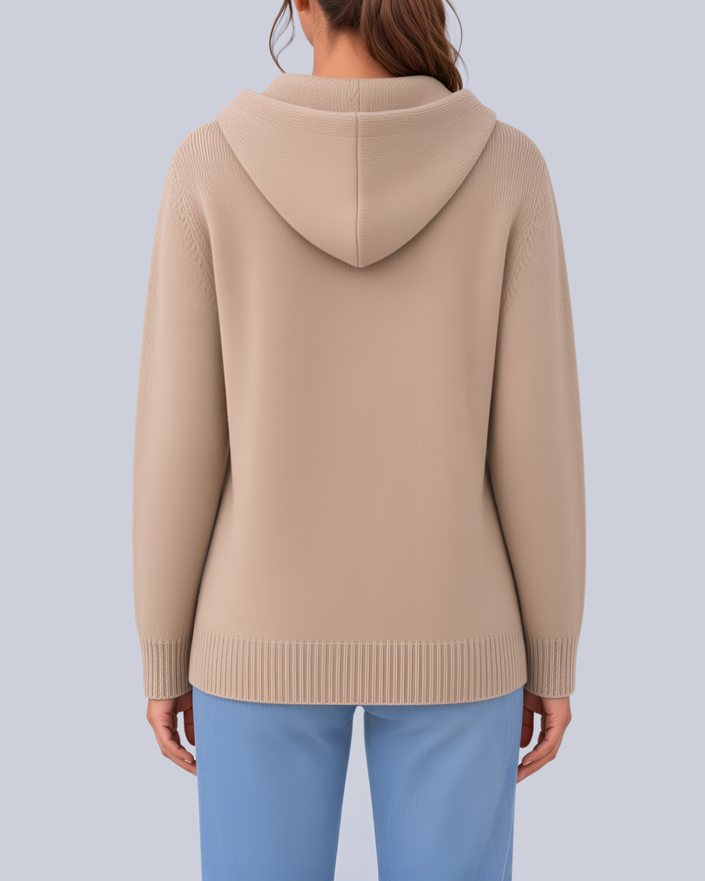 Women's Knitted Hooded Cardigan with Buttons and Side Pockets in Khaki – Back View