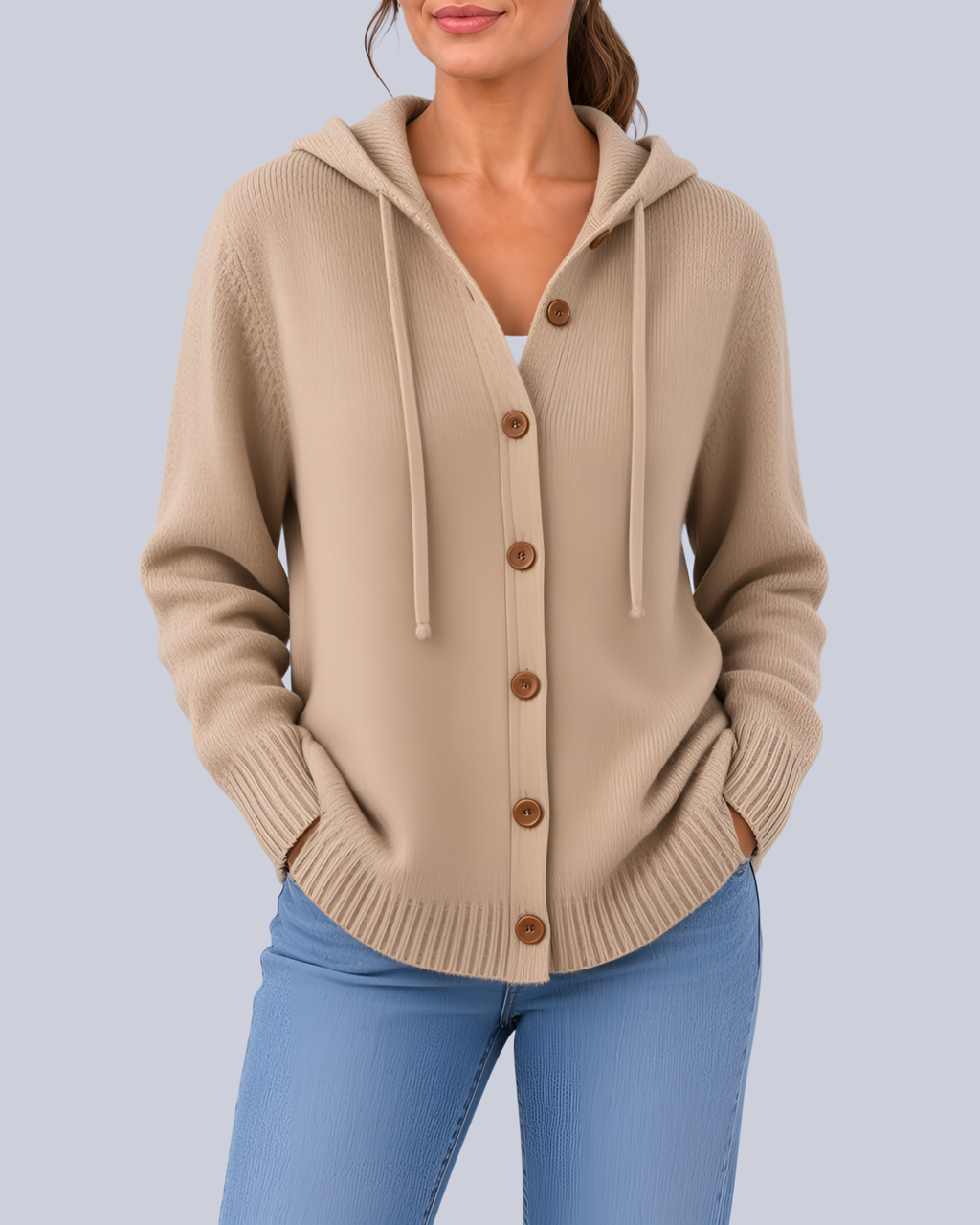 Women's Knitted Hooded Cardigan with Buttons and Side Pockets in Khaki – Front View