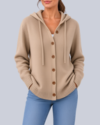 Women's Knitted Hooded Cardigan with Buttons and Side Pockets in Khaki – Front View