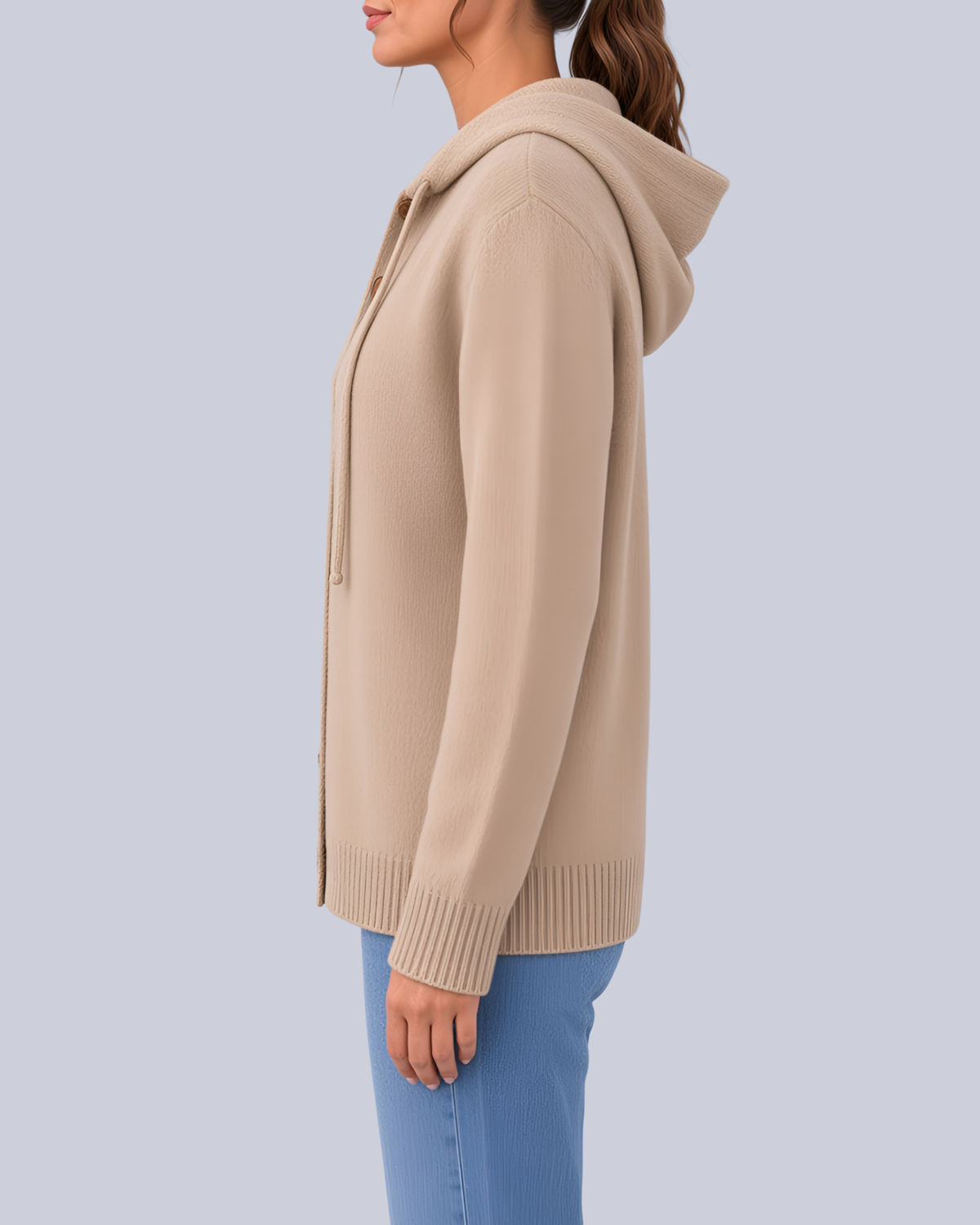 Women's Knitted Hooded Cardigan with Buttons and Side Pockets in Khaki – Side View