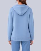Women's Knitted Hooded Cardigan with Buttons and Side Pockets in Light Blue – Back View
