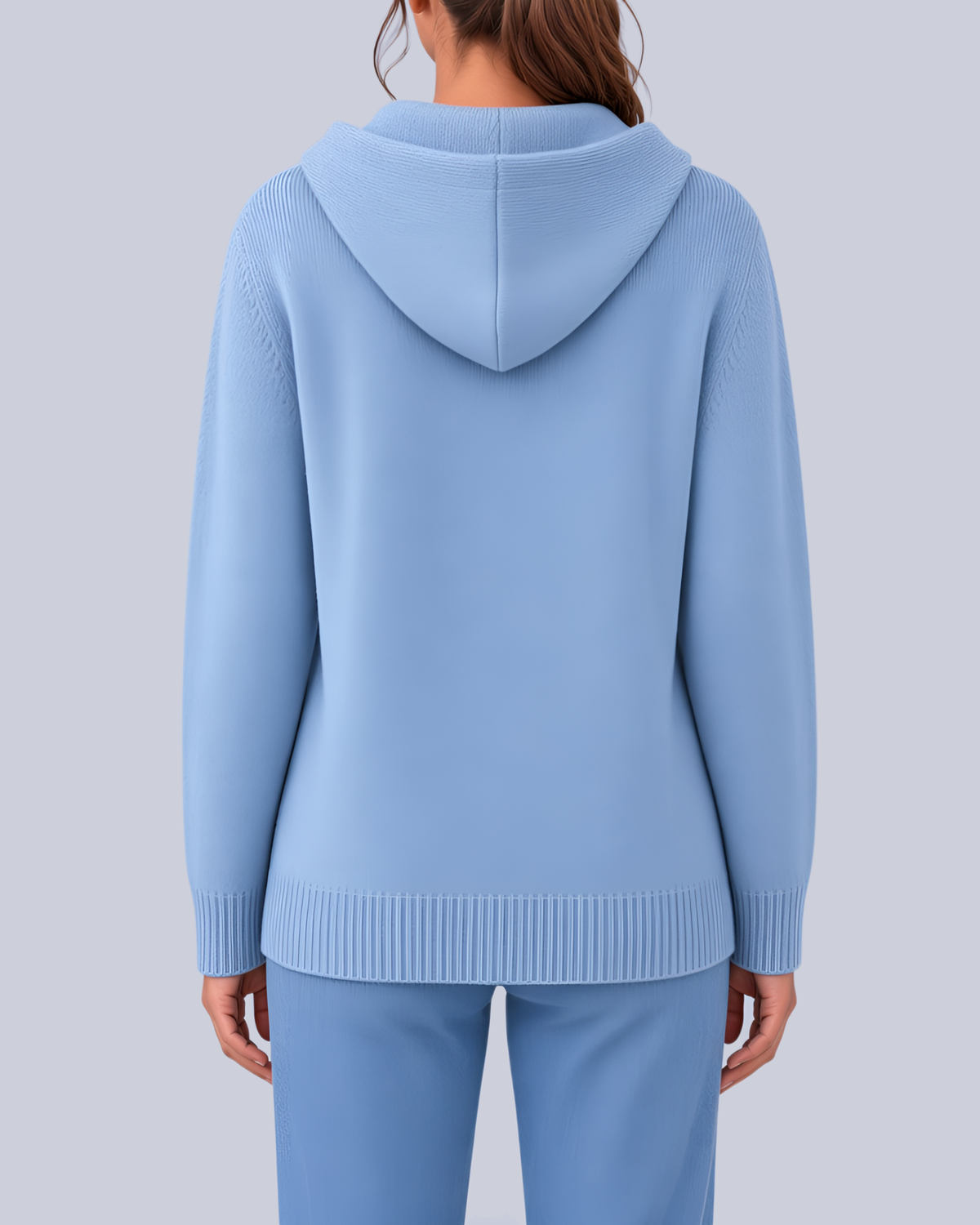 Women's Knitted Hooded Cardigan with Buttons and Side Pockets in Light Blue – Back View