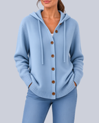 Women's Knitted Hooded Cardigan with Buttons and Side Pockets in Light Blue – Front View