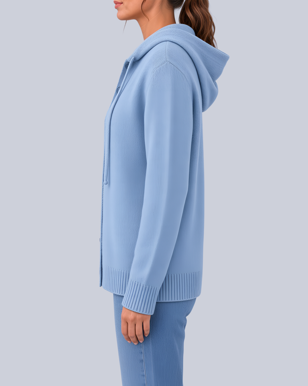 Women's Knitted Hooded Cardigan with Buttons and Side Pockets in Light Blue – Side View