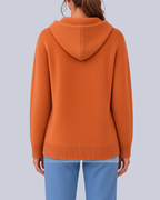Women's Knitted Hooded Cardigan with Buttons and Side Pockets in Orange – Back View