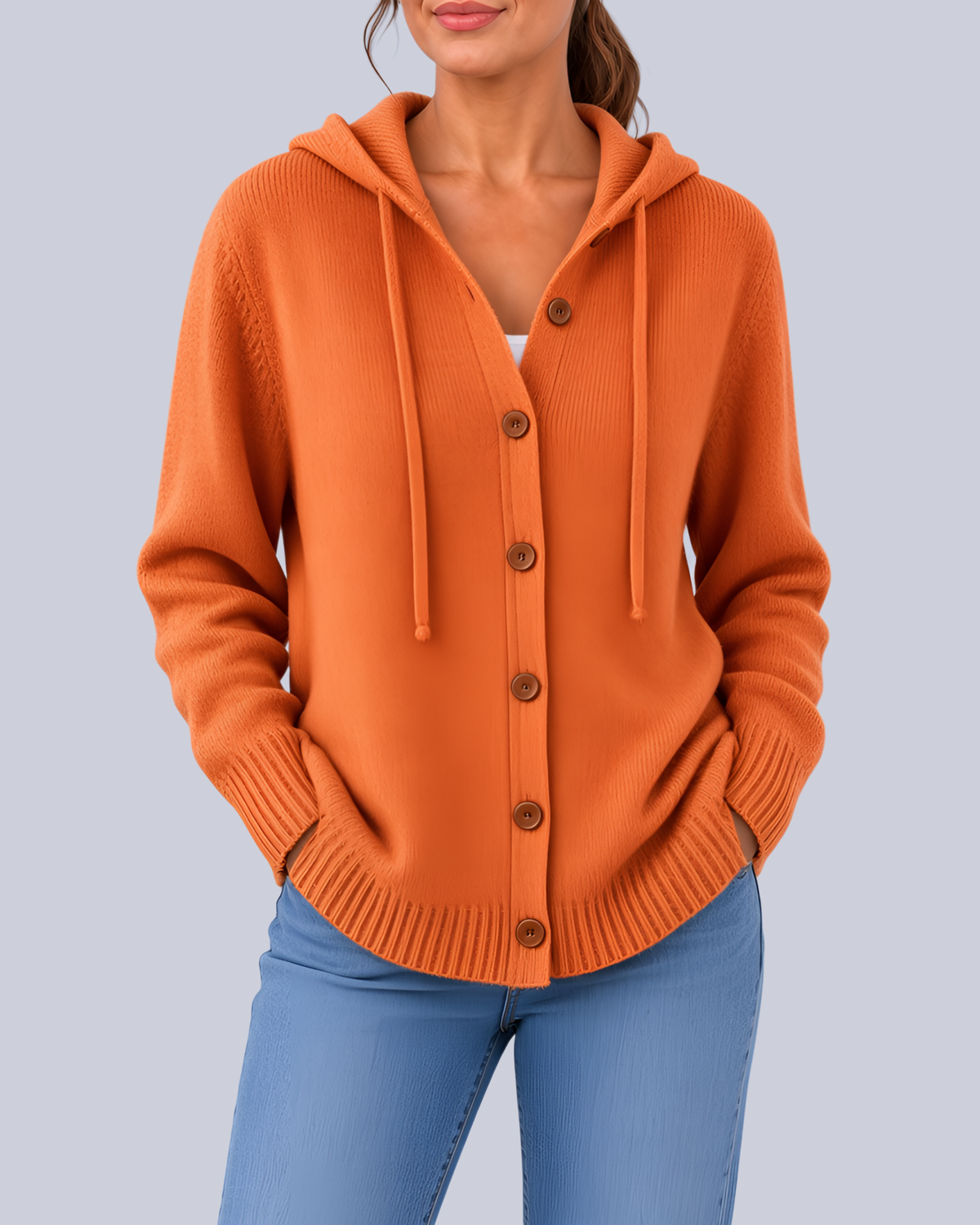 Women's Knitted Hooded Cardigan with Buttons and Side Pockets in Orange – Front View