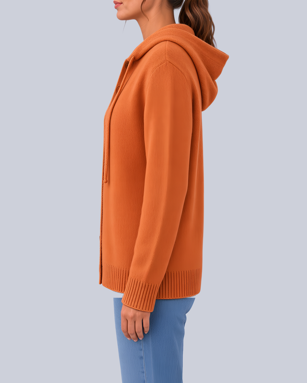 Women's Knitted Hooded Cardigan with Buttons and Side Pockets in Orange – Side View