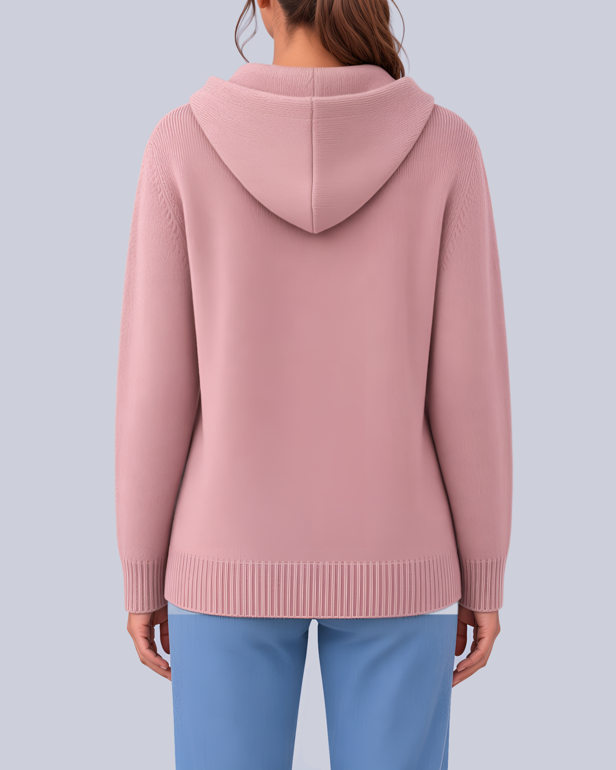Women's Knitted Hooded Cardigan with Buttons and Side Pockets in Pink – Back View