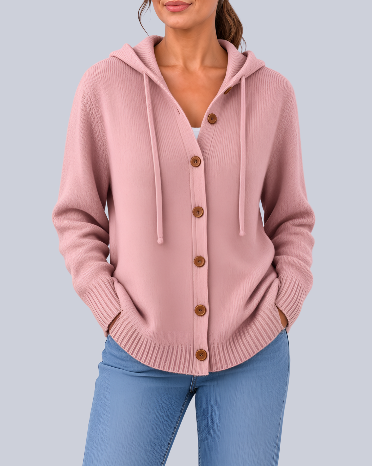 Women's Knitted Hooded Cardigan with Buttons and Side Pockets in Pink – Front View