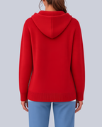 Women's Knitted Hooded Cardigan with Buttons and Side Pockets in Red – Back View