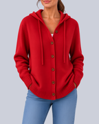 Women's Knitted Hooded Cardigan with Buttons and Side Pockets in Red – Front View