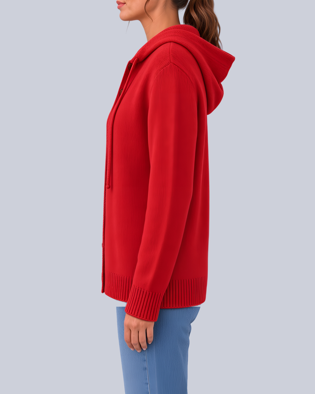Women's Knitted Hooded Cardigan with Buttons and Side Pockets in Red – Side View