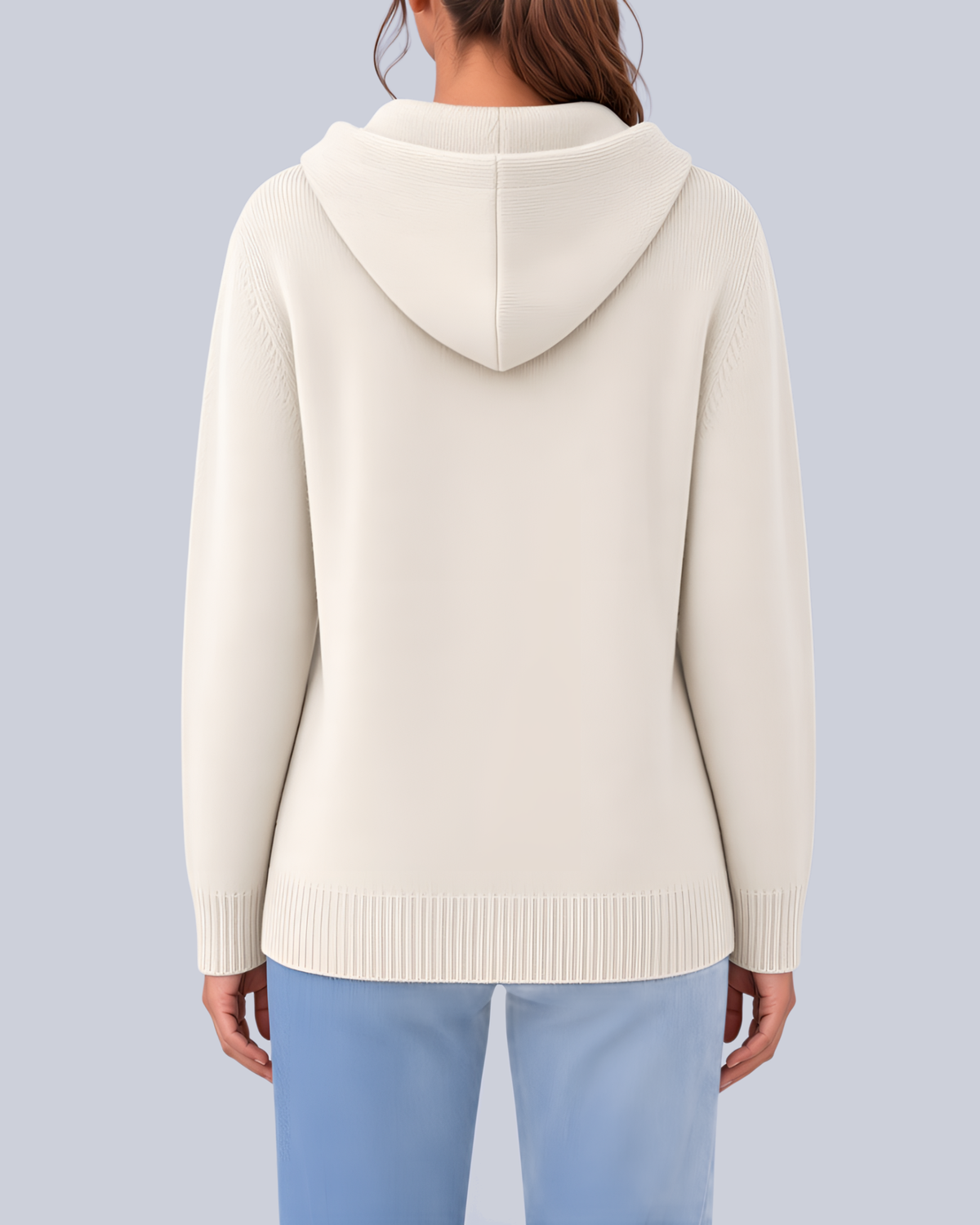 Women's Knitted Hooded Cardigan with Buttons and Side Pockets in White – Back View