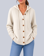 Women's Knitted Hooded Cardigan with Buttons and Side Pockets in White – Front View