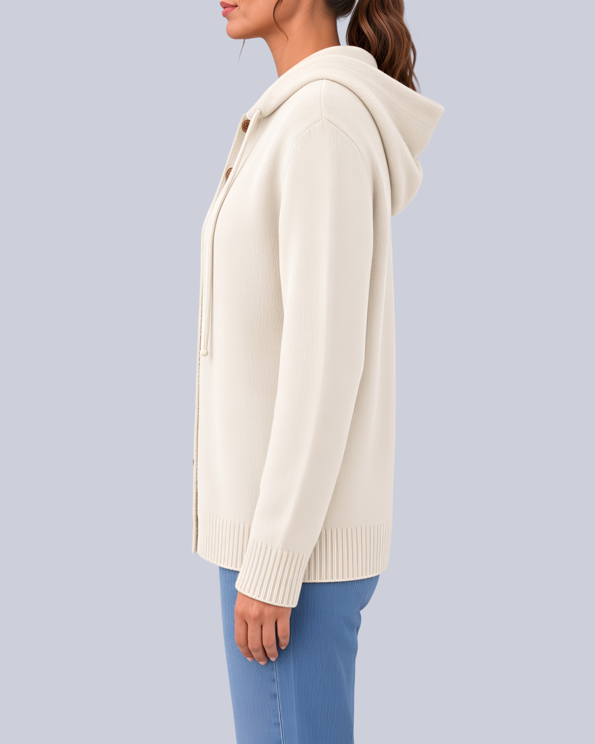 Women's Knitted Hooded Cardigan with Buttons and Side Pockets in White – Side View