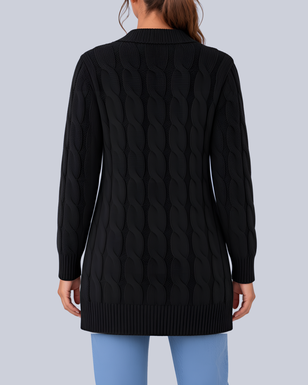 Women's Longline Cable Knit Cardigan with Buttons and Patch Pockets in Black – Back View