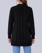 Women's Longline Cable Knit Cardigan with Buttons and Patch Pockets in Black – Back View