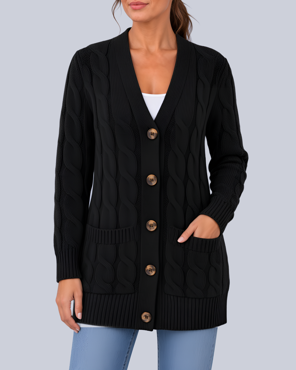 Women's Longline Cable Knit Cardigan with Buttons and Patch Pockets in Black – Front View