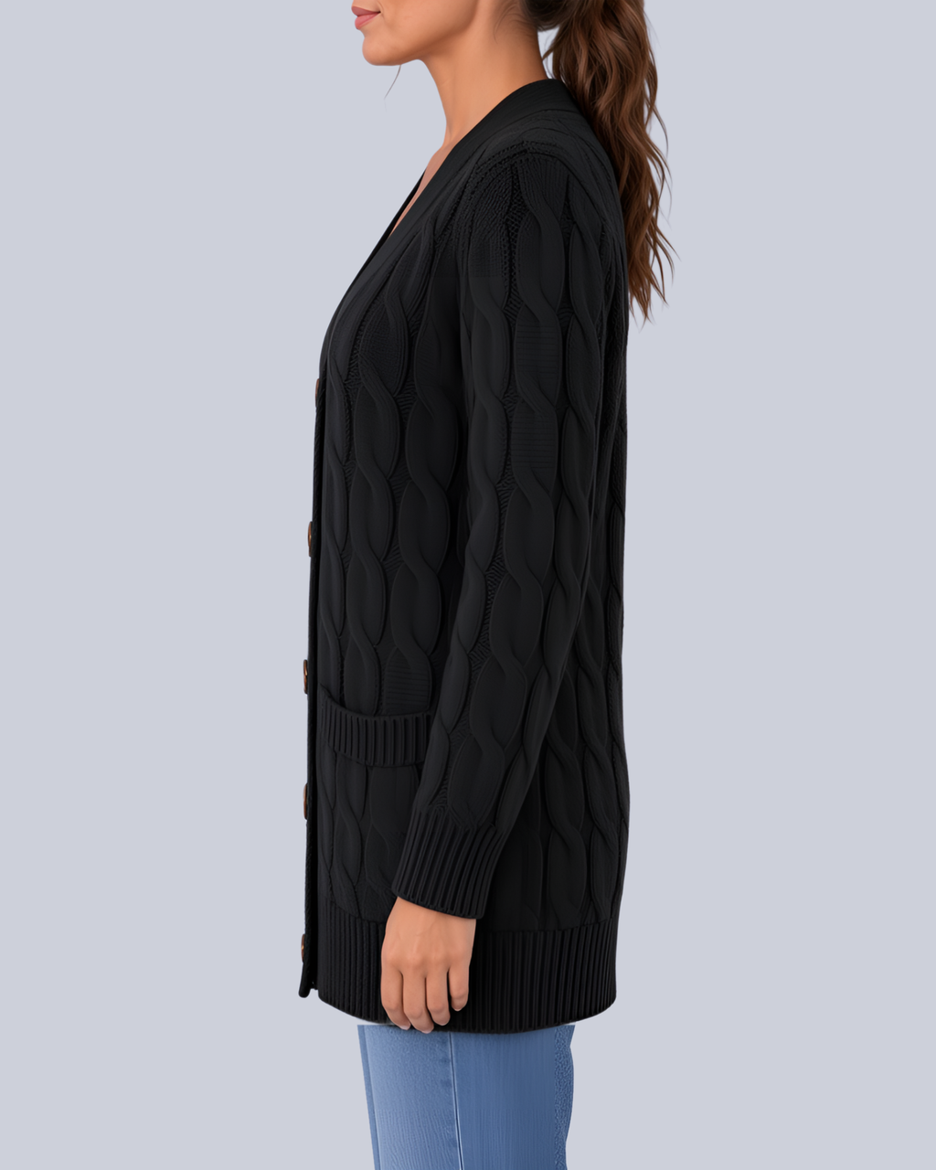 Women's Longline Cable Knit Cardigan with Buttons and Patch Pockets in Black – Side View