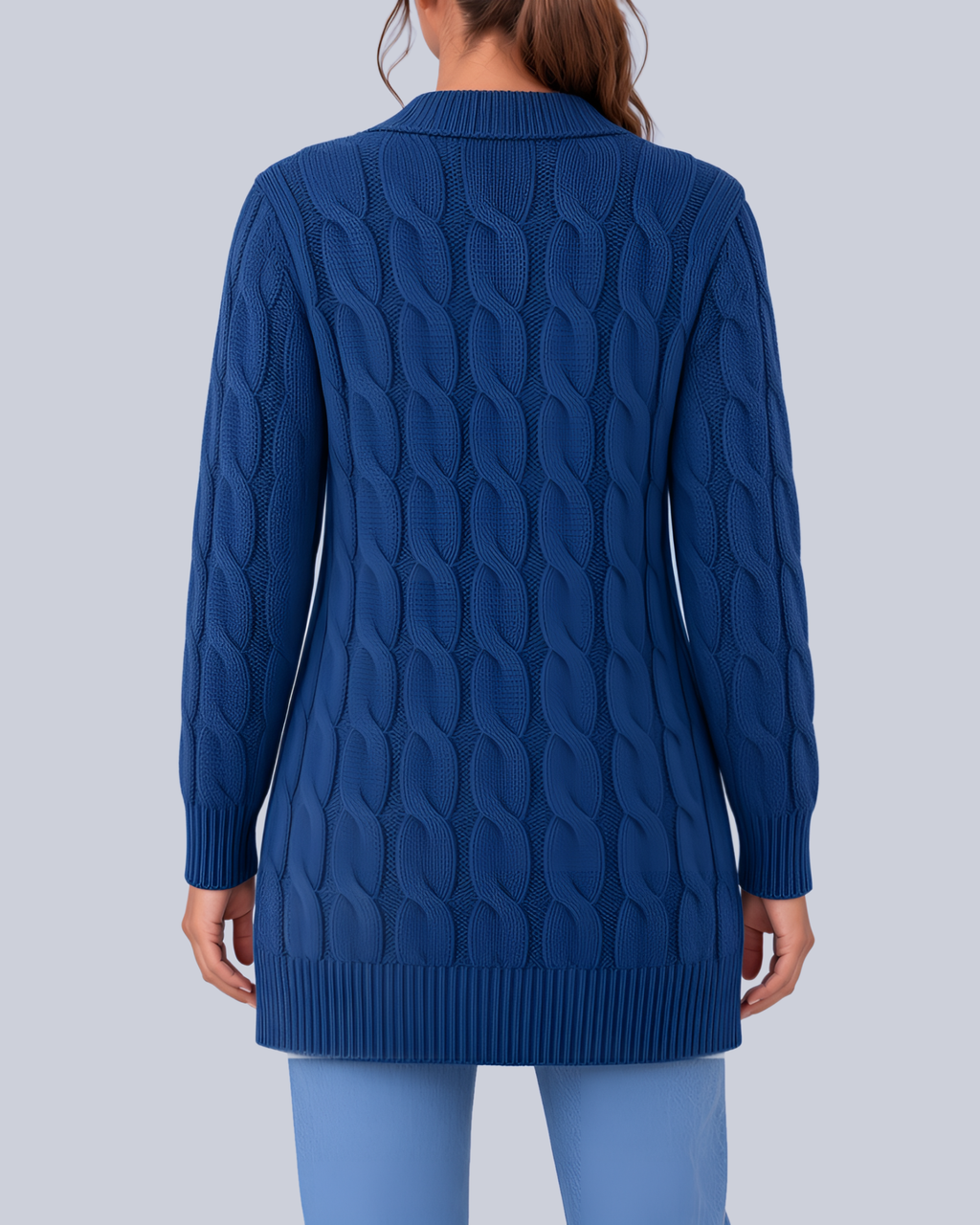 Women's Longline Cable Knit Cardigan with Buttons and Patch Pockets in Blue – Back View