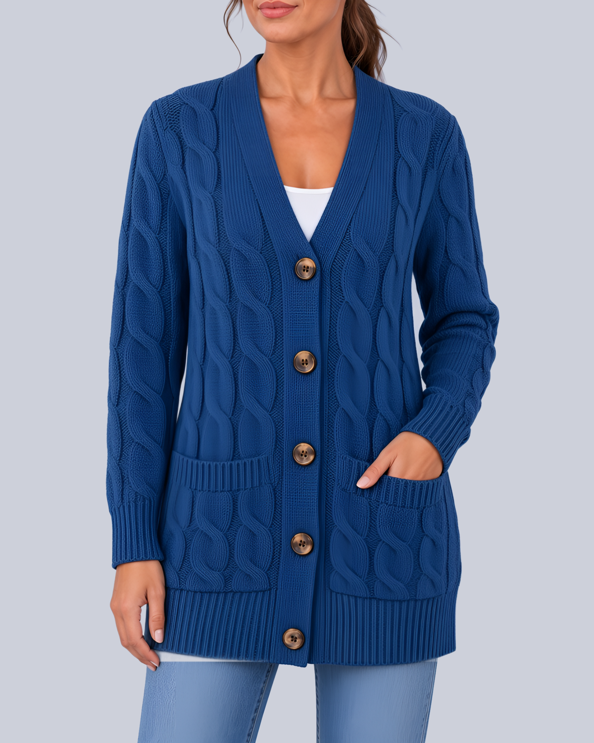 Women's Longline Cable Knit Cardigan with Buttons and Patch Pockets in Blue – Front View