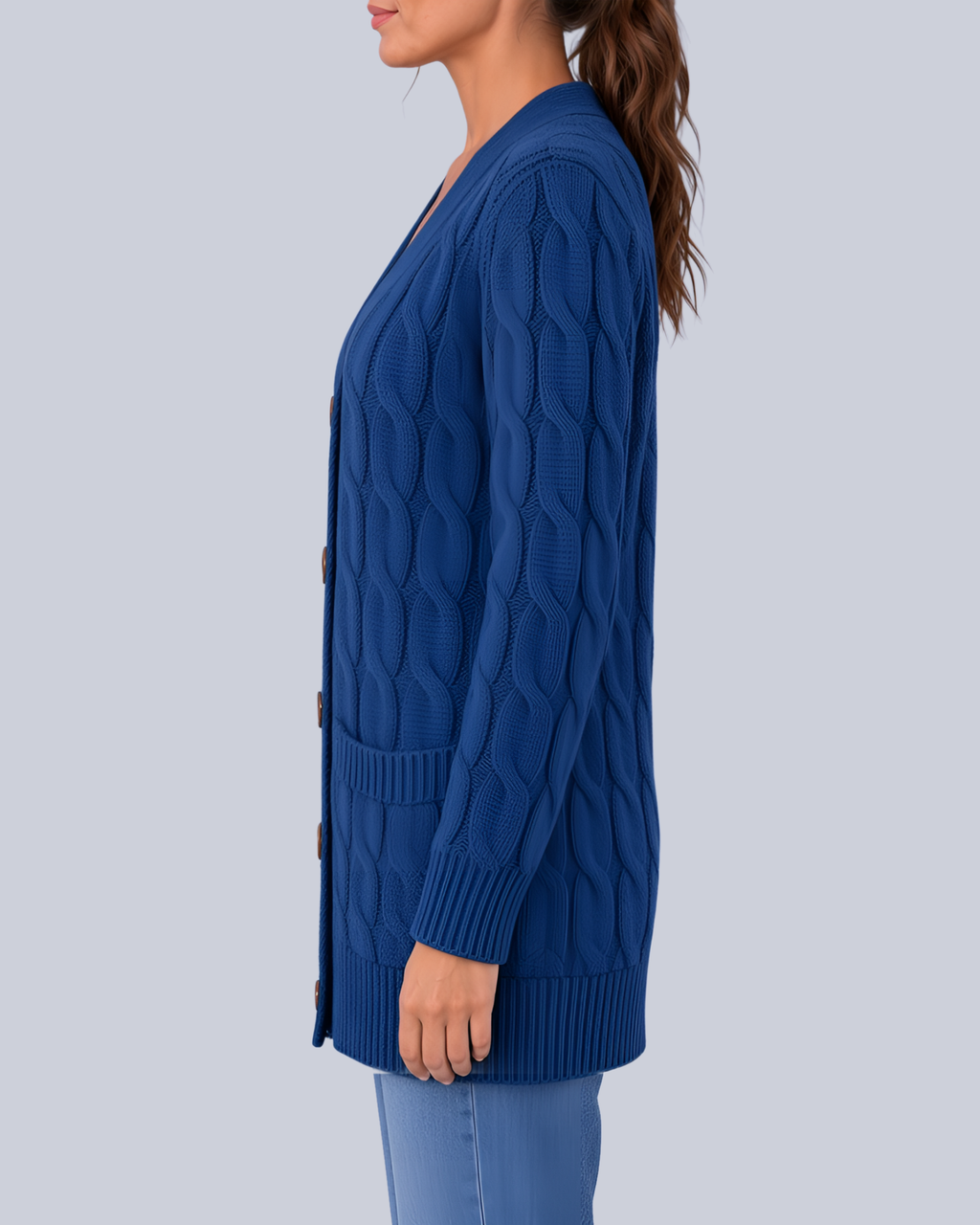 Women's Longline Cable Knit Cardigan with Buttons and Patch Pockets in Blue – Side View