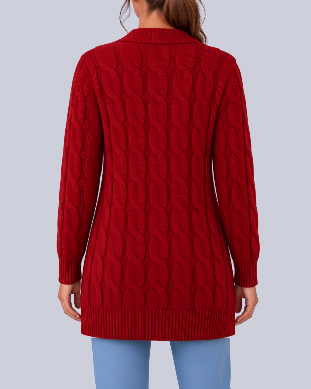 Women's Longline Cable Knit Cardigan with Buttons and Patch Pockets in Burgundy – Back View