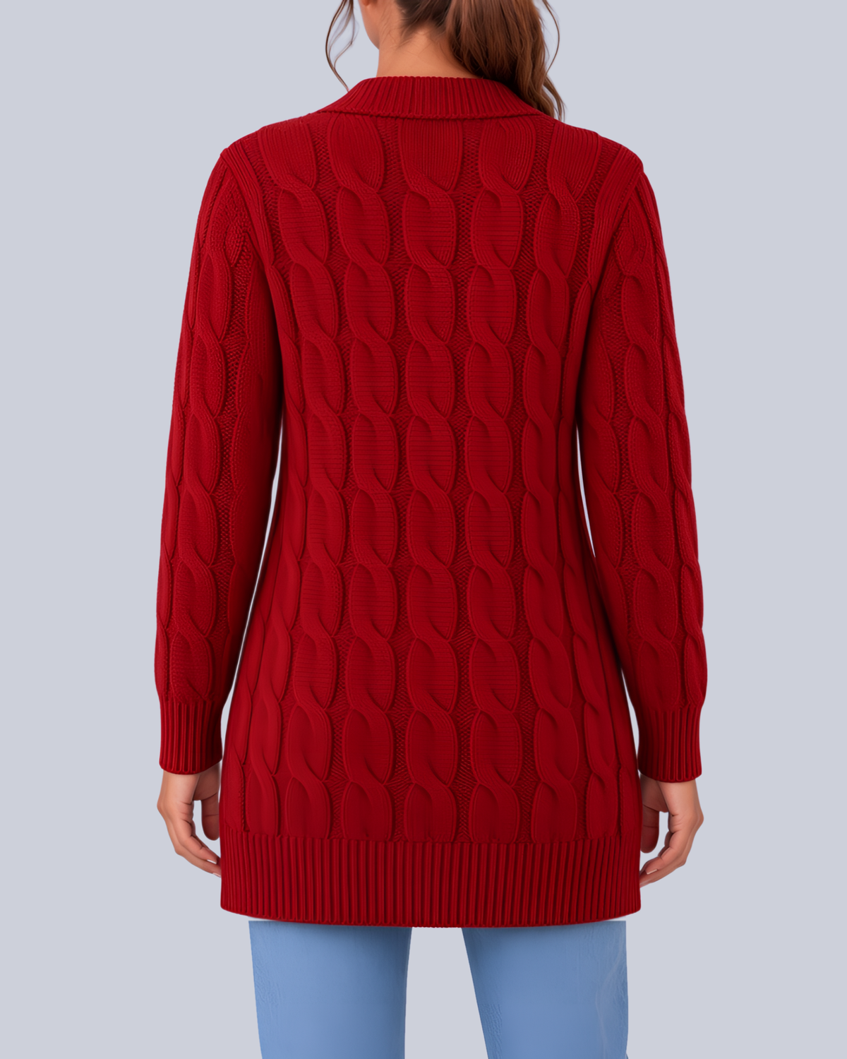 Women's Longline Cable Knit Cardigan with Buttons and Patch Pockets in Burgundy – Back View