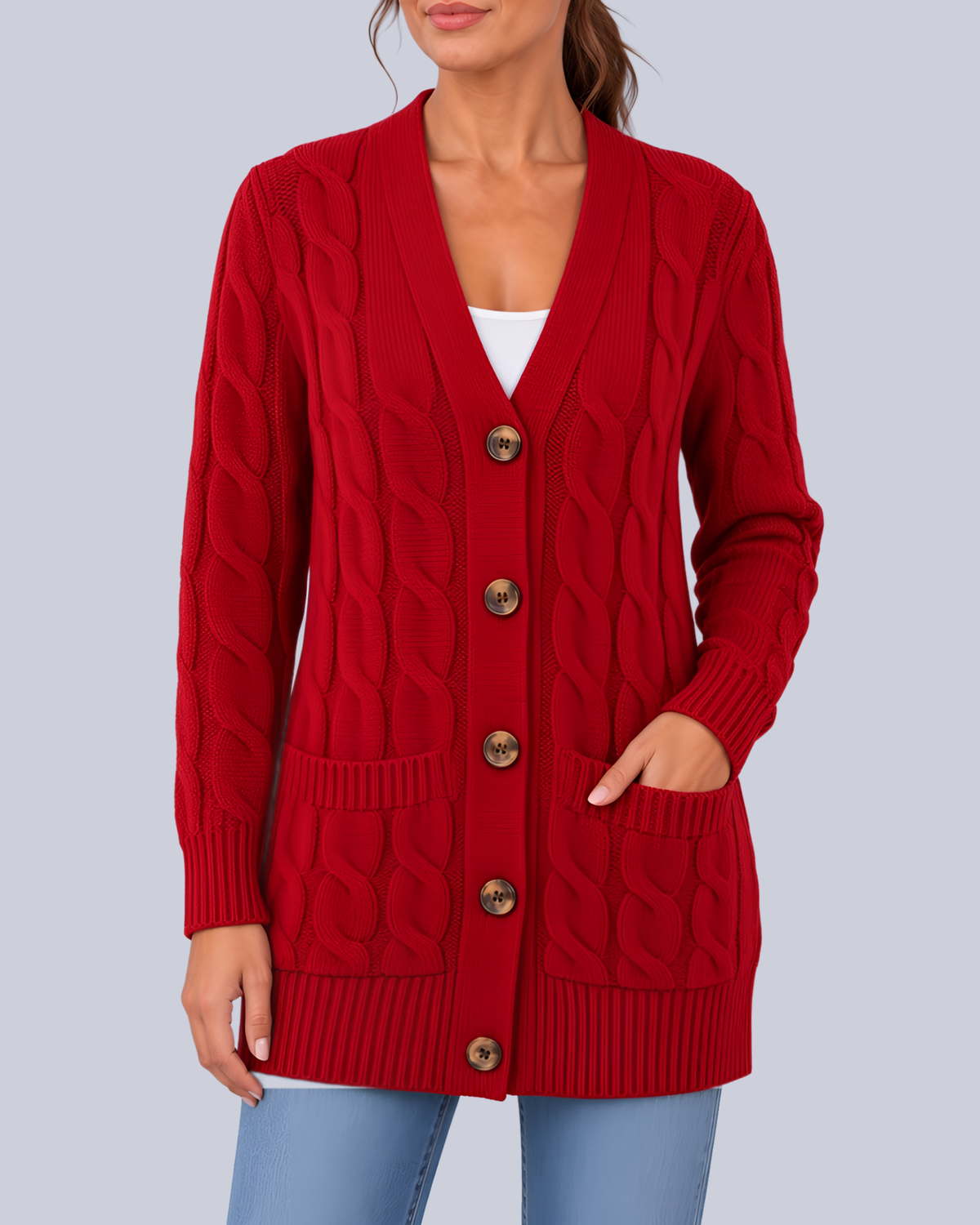 Women's Longline Cable Knit Cardigan with Buttons and Patch Pockets in Burgundy – Front View