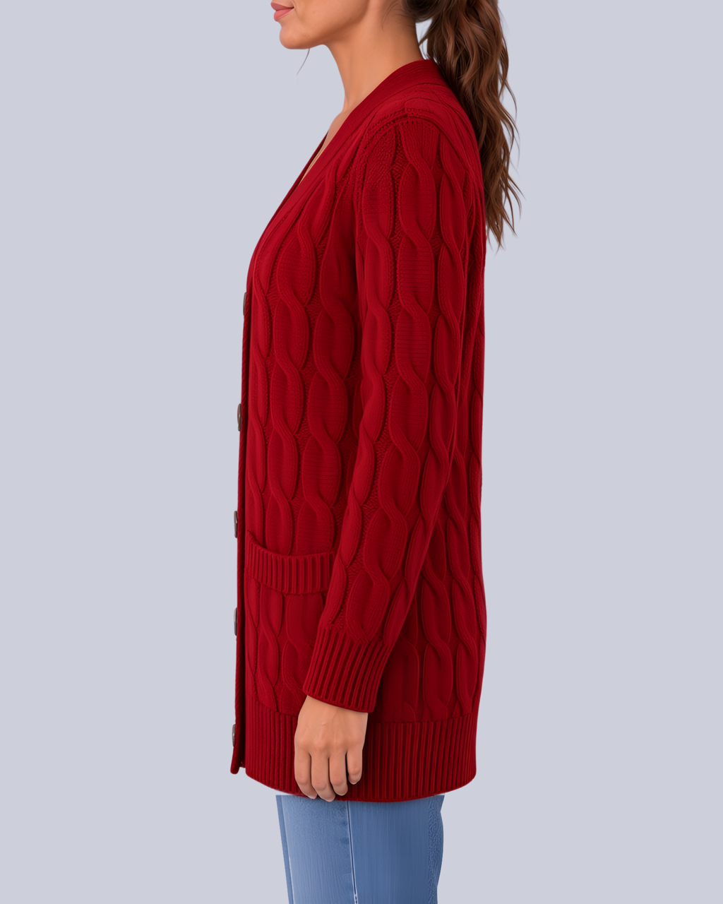 Women's Longline Cable Knit Cardigan with Buttons and Patch Pockets in Burgundy – Side View