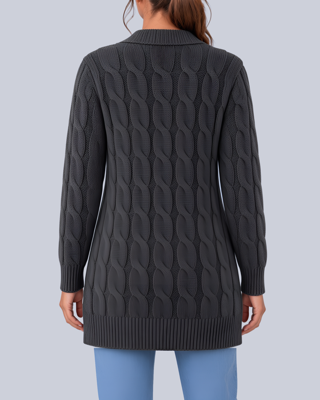 Women's Longline Cable Knit Cardigan with Buttons and Patch Pockets in Dark Grey – Back View
