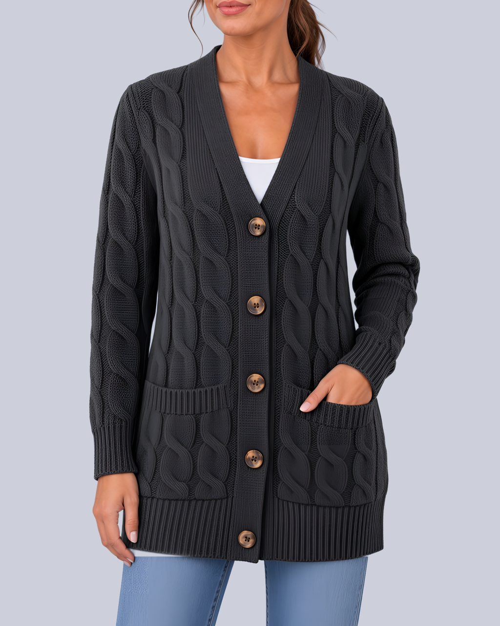 Women's Longline Cable Knit Cardigan with Buttons and Patch Pockets in Dark Grey – Front View