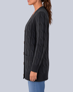 Women's Longline Cable Knit Cardigan with Buttons and Patch Pockets in Dark Grey – Side View