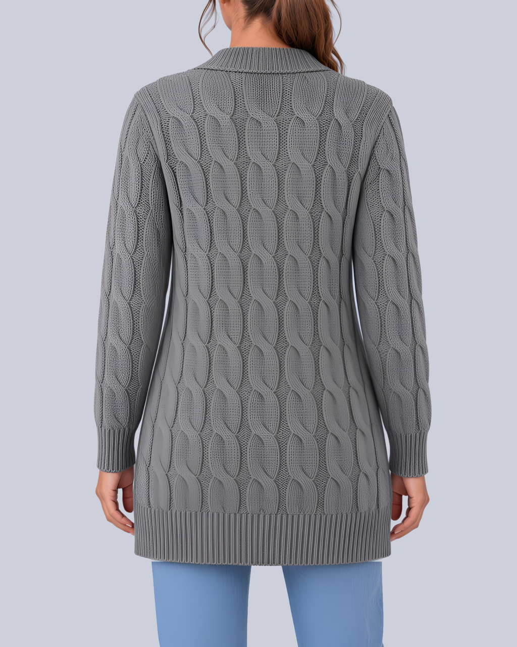 Women's Longline Cable Knit Cardigan with Buttons and Patch Pockets in Grey – Back View