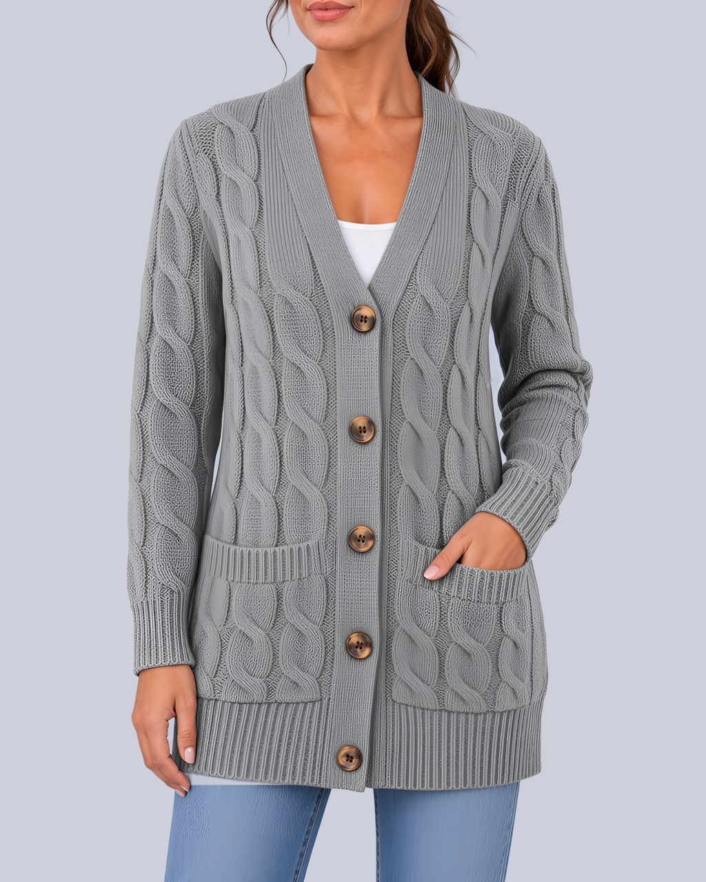 Women's Longline Cable Knit Cardigan with Buttons and Patch Pockets in Grey – Front View