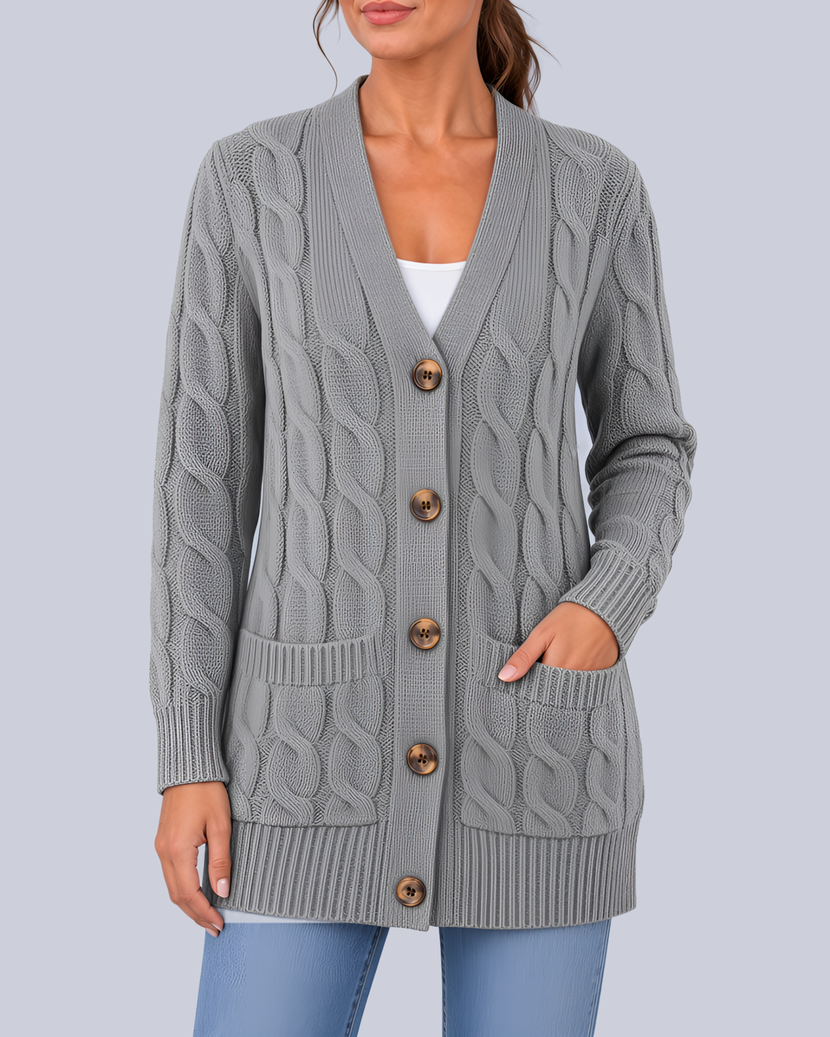 Women's Longline Cable Knit Cardigan with Buttons and Patch Pockets in Grey – Front View