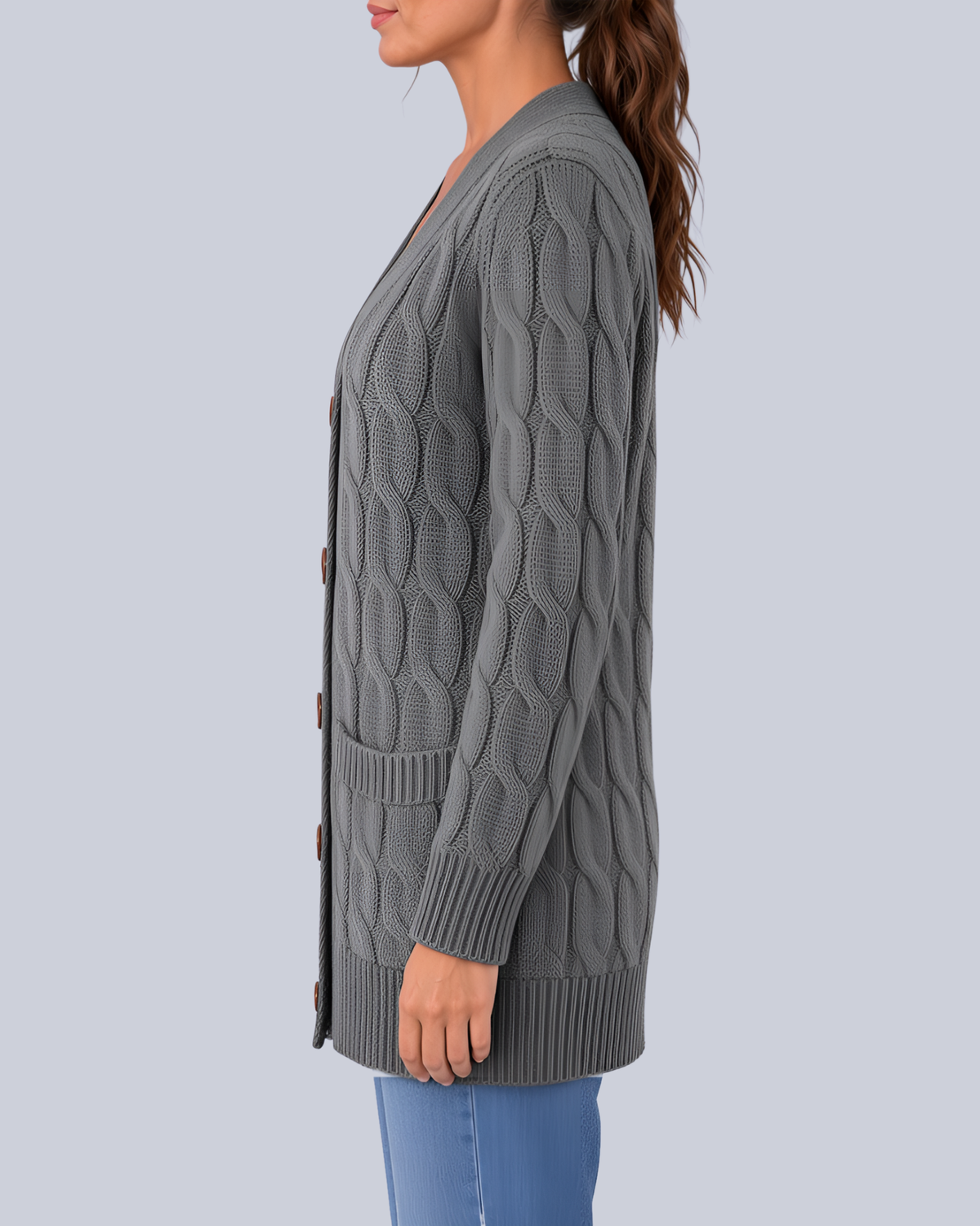 Women's Longline Cable Knit Cardigan with Buttons and Patch Pockets in Grey – Side View