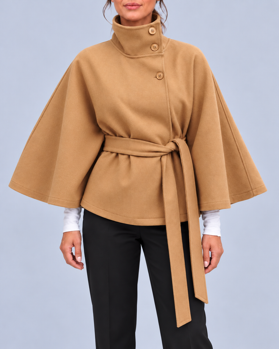 Women's Belted Cape Coat with Stand Collar and Button Fastening
