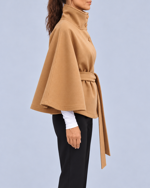 Women's Belted Cape Coat with Stand Collar and Button Fastening – Camel – 2