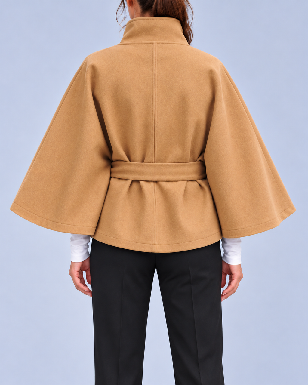Women's Belted Cape Coat with Stand Collar and Button Fastening – Camel – 3