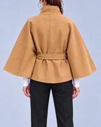Women's Belted Cape Coat with Stand Collar and Button Fastening – Camel – 3