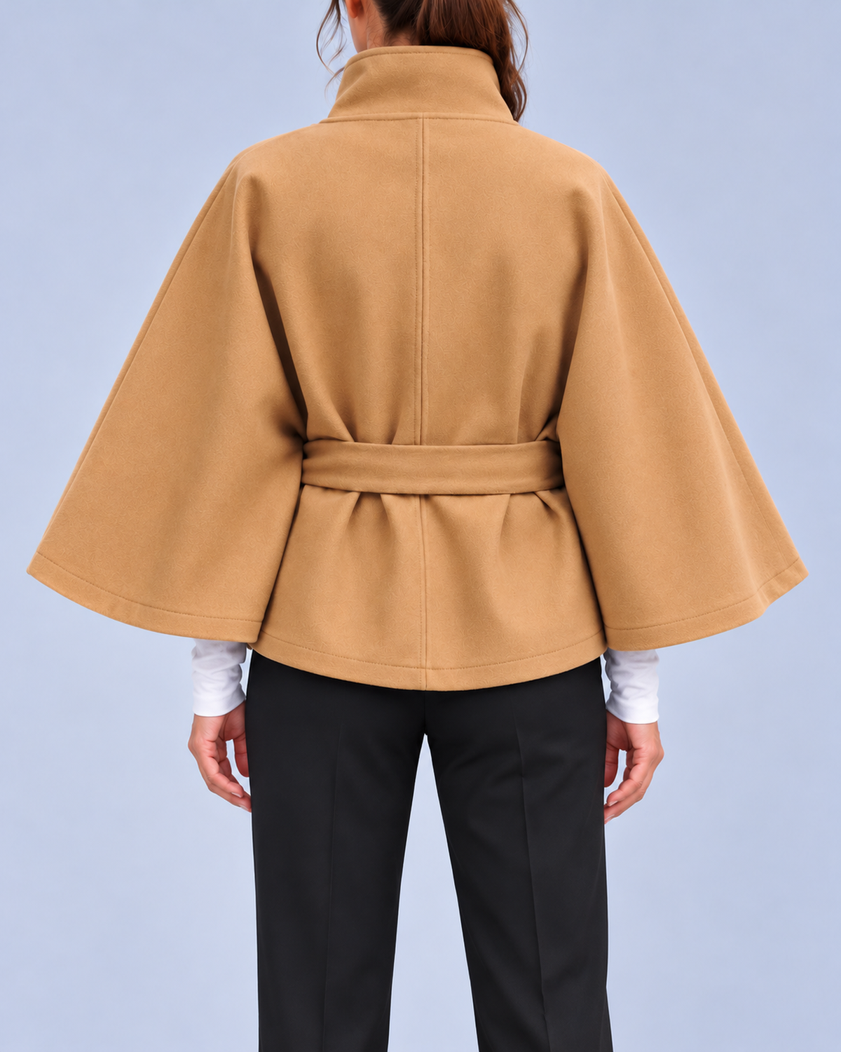 Women's Belted Cape Coat with Stand Collar and Button Fastening – Camel – 3