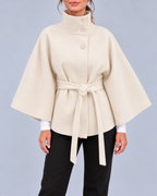 Women's Belted Cape Coat with Stand Collar and Button Fastening – Cream – 1