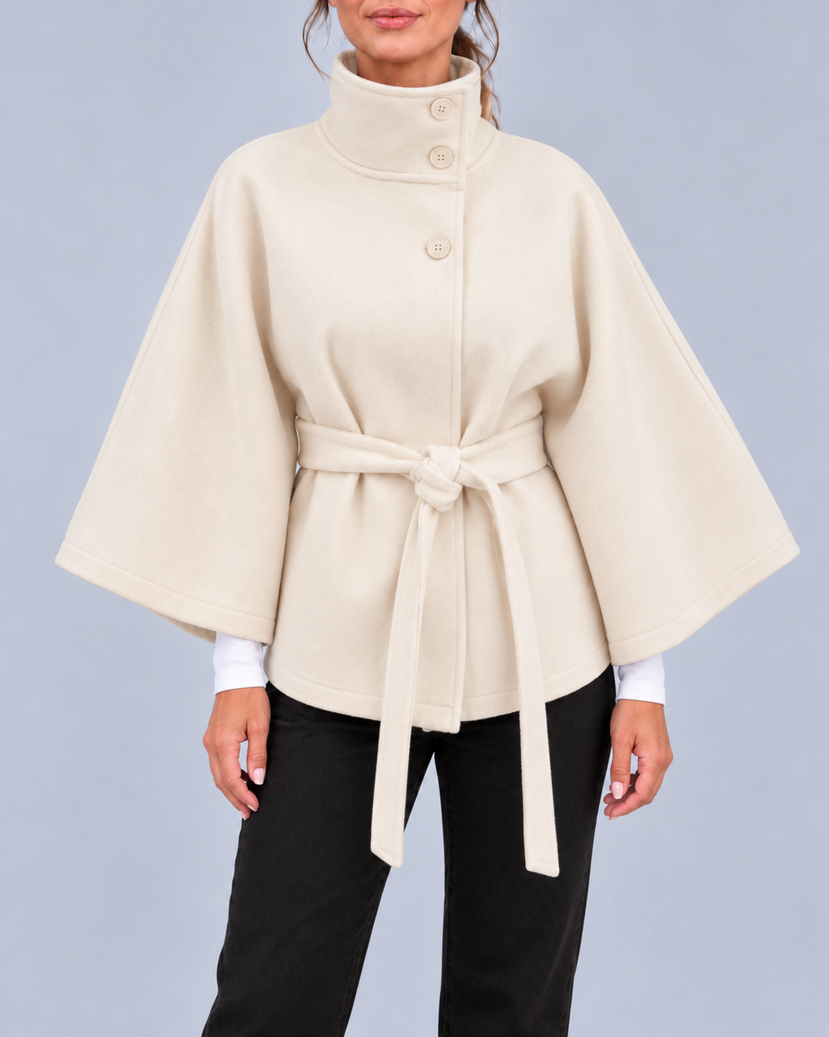 Women's Belted Cape Coat with Stand Collar and Button Fastening – Cream – 1